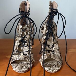 Women's Snake-Print Lace-Up Heels in Beige